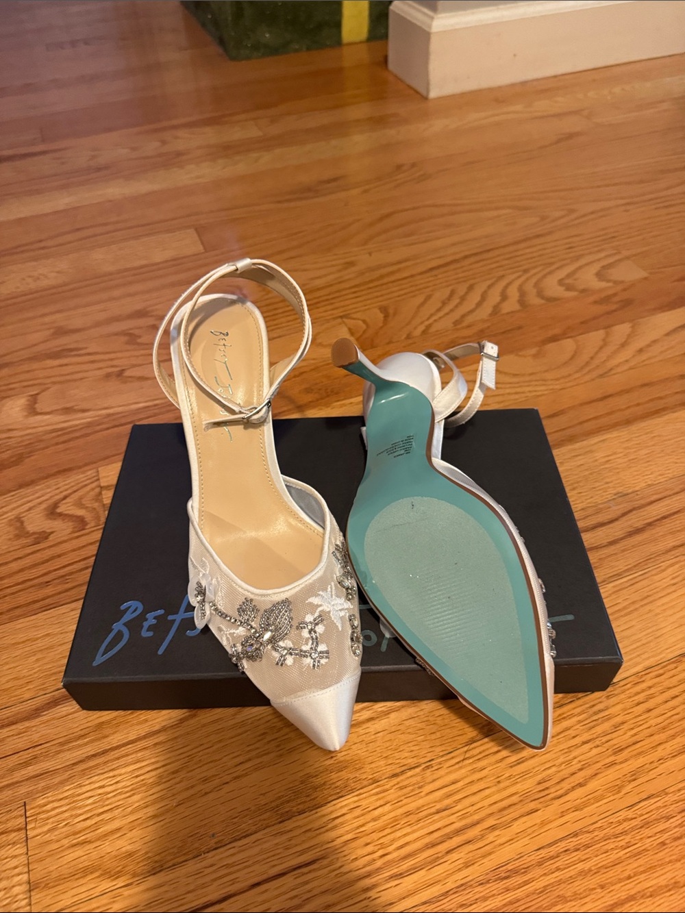 Betsey Johnson White Embellished Pointed-Toe Ankle-Strap Heels